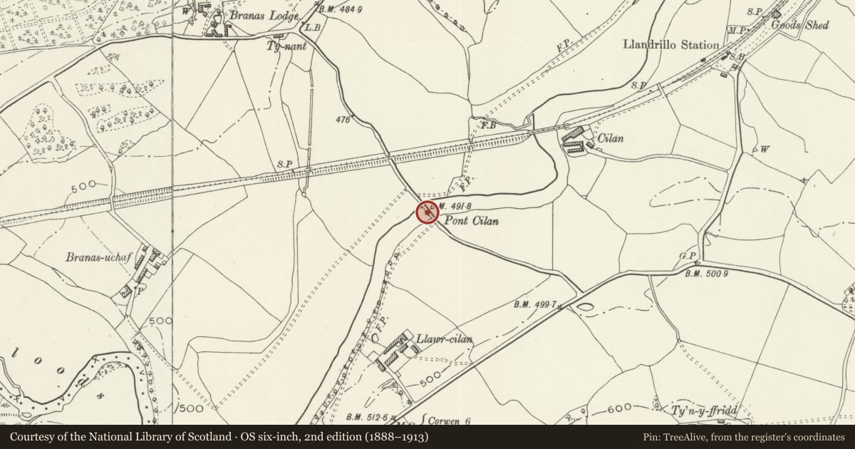 Ordnance Survey six-inch map, 2nd edition (1888–1913) covering the location of Pont Cilan, Llandrillo, Denbighshire, with a pin at the register's coordinates