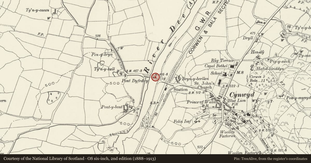 Ordnance Survey six-inch map, 2nd edition (1888–1913) covering the location of Pont Dyfrdwy, Cynwyd, Denbighshire, with a pin at the register's coordinates