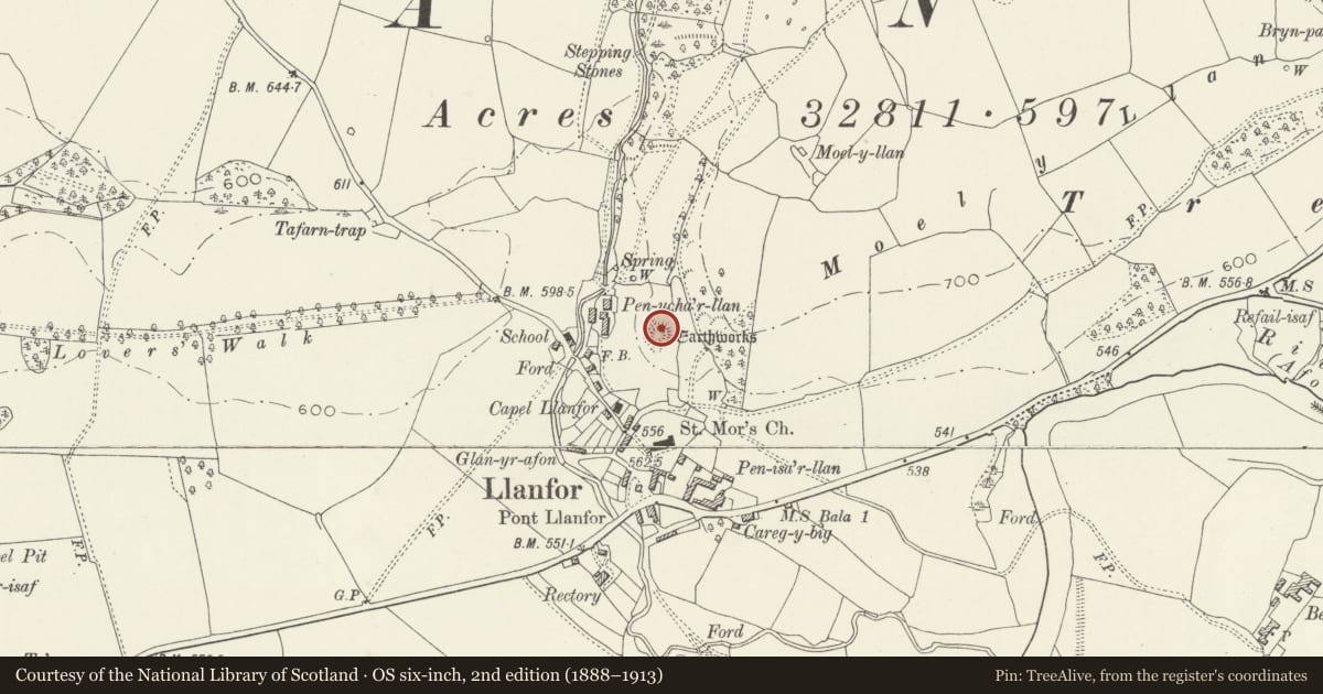 Ordnance Survey six-inch map, 2nd edition (1888–1913) covering the location of Pen-Ucha'r-Llan Ringwork, Llandderfel, Gwynedd, with a pin at the register's coordinates