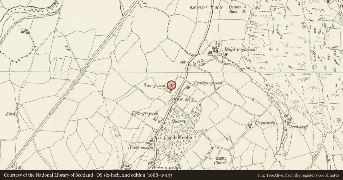 Ordnance Survey six-inch map, 2nd edition (1888–1913) covering the location of Tan-y-Coed Burial Chamber, Llandrillo, Denbighshire, with a pin at the register's coordinates
