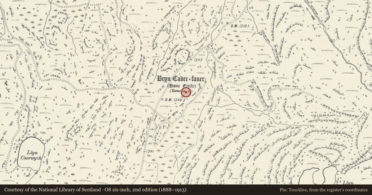 Ordnance Survey six-inch map, 2nd edition (1888–1913) covering the location of Bryn Cader-Faner Round Cairn, Talsarnau, Gwynedd, with a pin at the register's coordinates