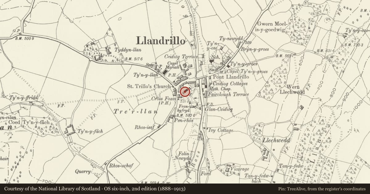 Ordnance Survey six-inch map, 2nd edition (1888–1913) covering the location of Blaen-y-Cwm Inscribed Stone (Now in Llandrillo Church), Denbighshire, with a pin at the register's coordinates