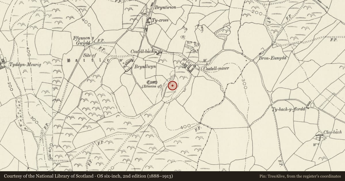 Ordnance Survey six-inch map, 2nd edition (1888–1913) covering the location of Castell-Mawr, Llangelynin, Gwynedd, with a pin at the register's coordinates