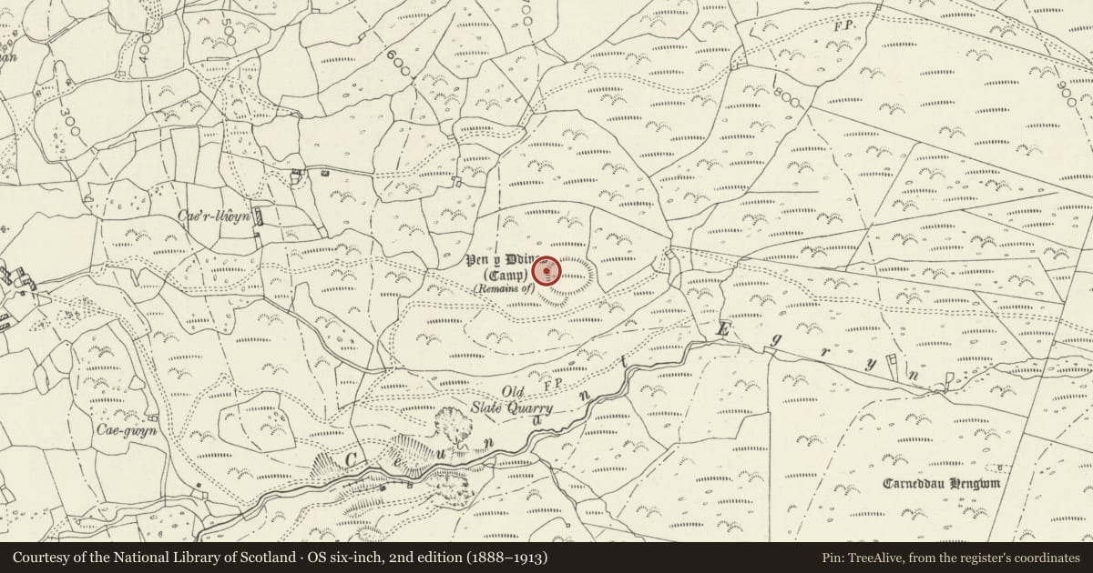 Ordnance Survey six-inch map, 2nd edition (1888–1913) covering the location of Pen y Ddinas Camp, Dyffryn Ardudwy, Gwynedd, with a pin at the register's coordinates