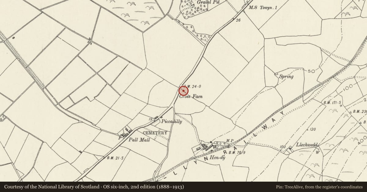 Ordnance Survey six-inch map, 2nd edition (1888–1913) covering the location of Croes Faen Standing Stone, Tywyn, Gwynedd, with a pin at the register's coordinates