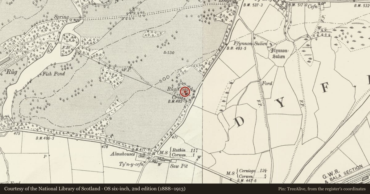 Ordnance Survey six-inch map, 2nd edition (1888–1913) covering the location of Capel y Rug, Corwen, Denbighshire, with a pin at the register's coordinates