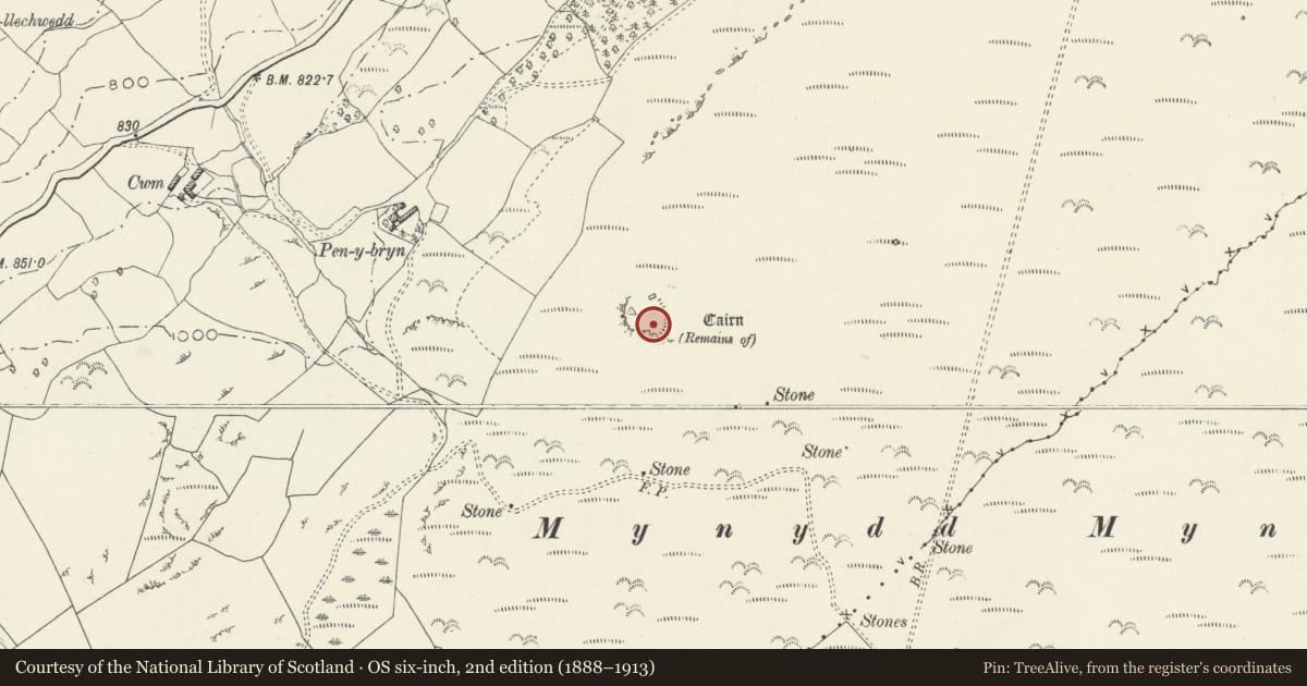 Ordnance Survey six-inch map, 2nd edition (1888–1913) covering the location of Mynydd Mynyllod Enclosure, Llandderfel, Gwynedd, with a pin at the register's coordinates