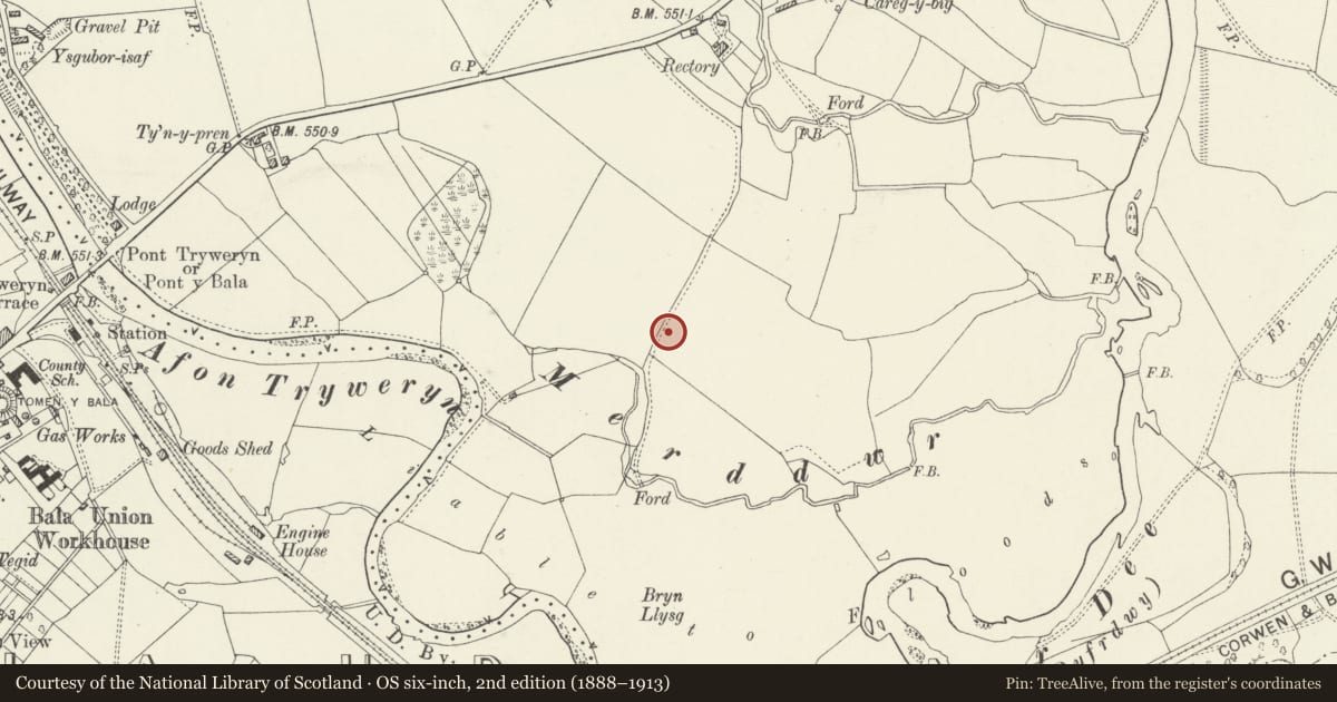 Ordnance Survey six-inch map, 2nd edition (1888–1913) covering the location of Llanfor Roman Fort and Camps (revealed by Aerial Photography), Llandderfel, Gwynedd, with a pin at the register's coordinates