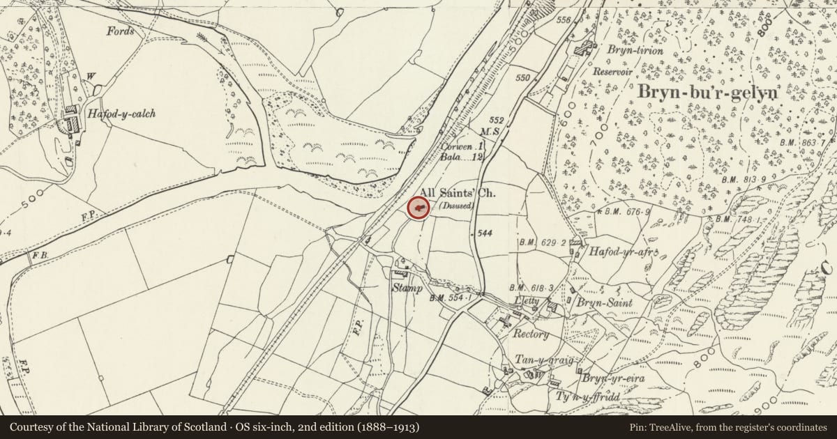 Ordnance Survey six-inch map, 2nd edition (1888–1913) covering the location of Llangar Old Church, Cynwyd, Denbighshire, with a pin at the register's coordinates