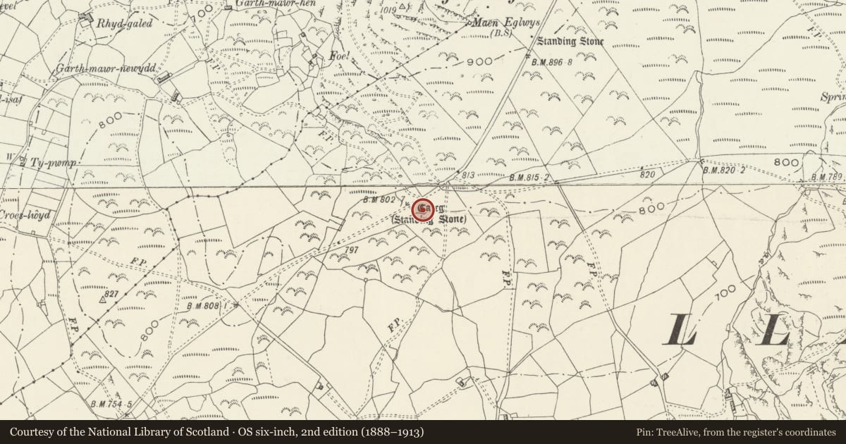 Ordnance Survey six-inch map, 2nd edition (1888–1913) covering the location of Garreg Round Cairn, Llanfair, Gwynedd, with a pin at the register's coordinates
