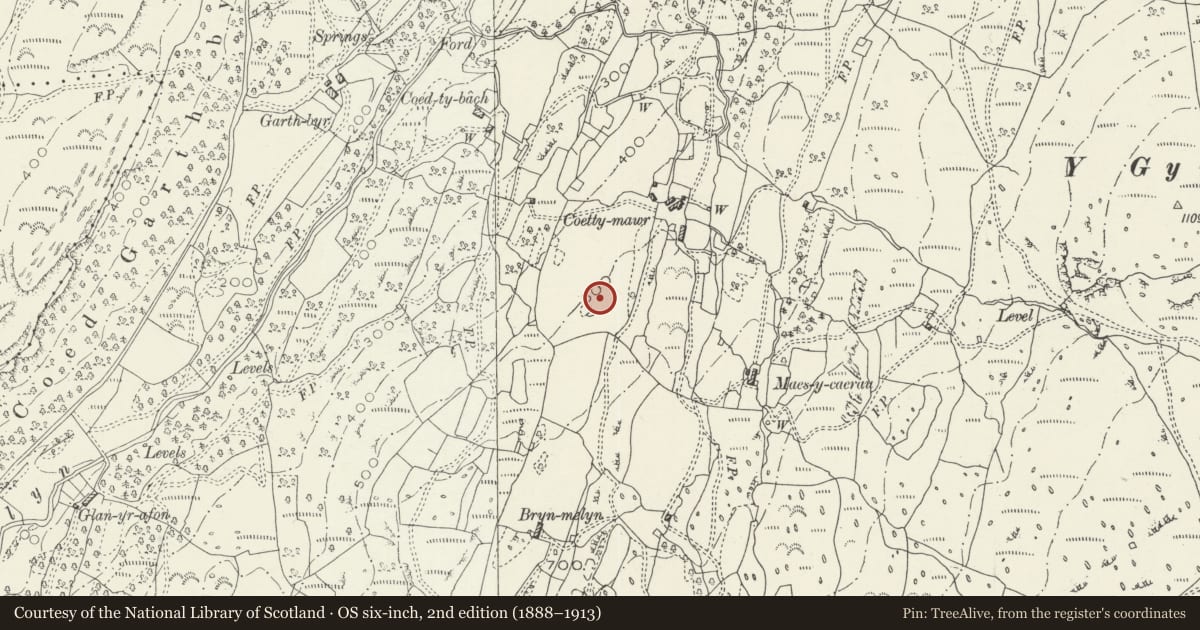 Ordnance Survey six-inch map, 2nd edition (1888–1913) covering the location of Coety Mawr Round Hut and Enclosure, Talsarnau, Gwynedd, with a pin at the register's coordinates