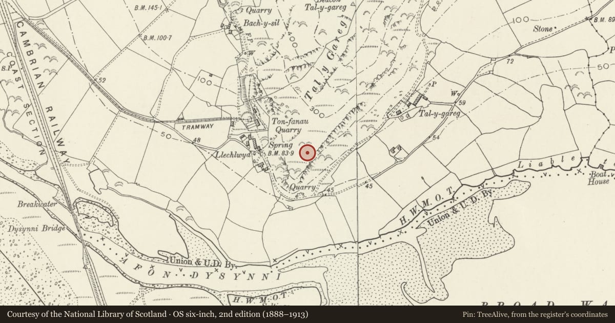 Ordnance Survey six-inch map, 2nd edition (1888–1913) covering the location of Llechlwyd Hillfort, Llangelynin, Gwynedd, with a pin at the register's coordinates