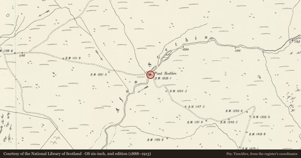 Ordnance Survey six-inch map, 2nd edition (1888–1913) covering the location of Pont Scethin, Dyffryn Ardudwy, Gwynedd, with a pin at the register's coordinates