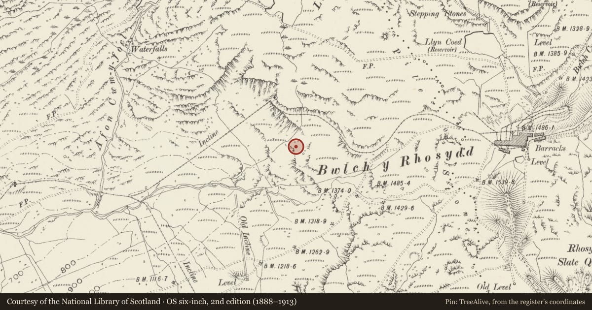 Ordnance Survey six-inch map, 2nd edition (1888–1913) covering the location of Rhosydd Incline, Drumhouse & Tramway, Llanfrothen, Gwynedd, with a pin at the register's coordinates