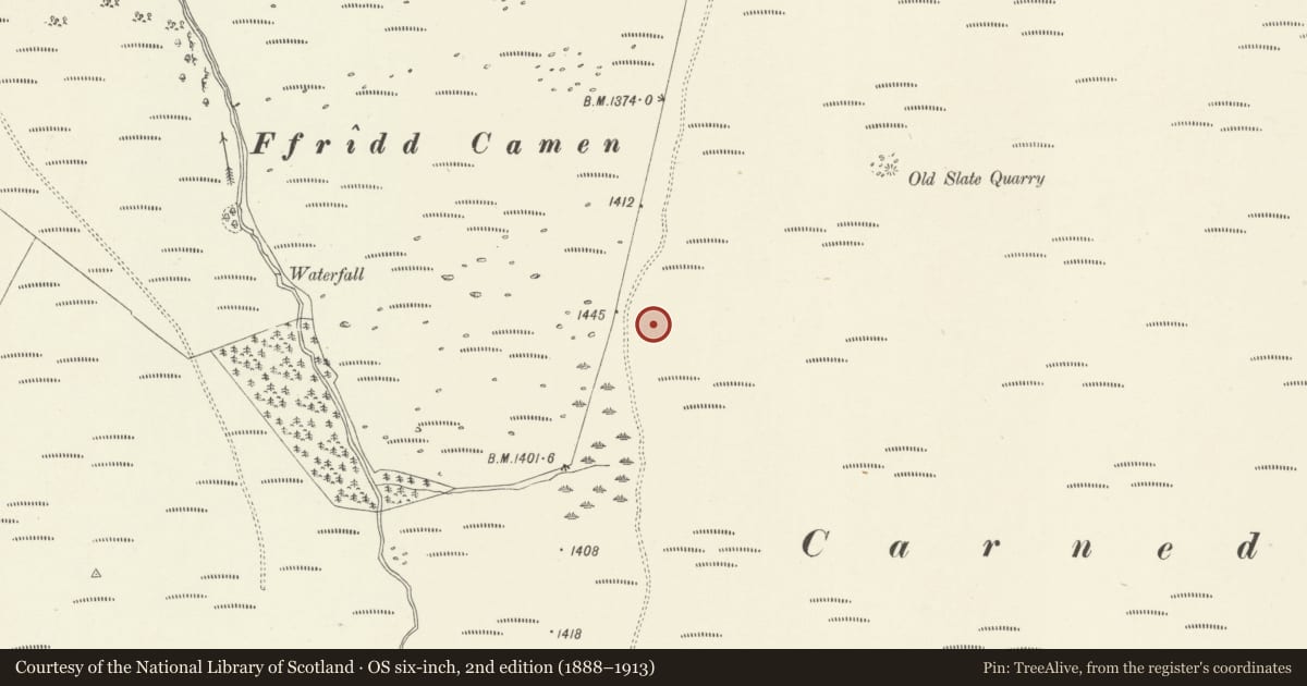 Ordnance Survey six-inch map, 2nd edition (1888–1913) covering the location of Ring Cairn E of Ffridd Camen, Llandrillo, Denbighshire, with a pin at the register's coordinates