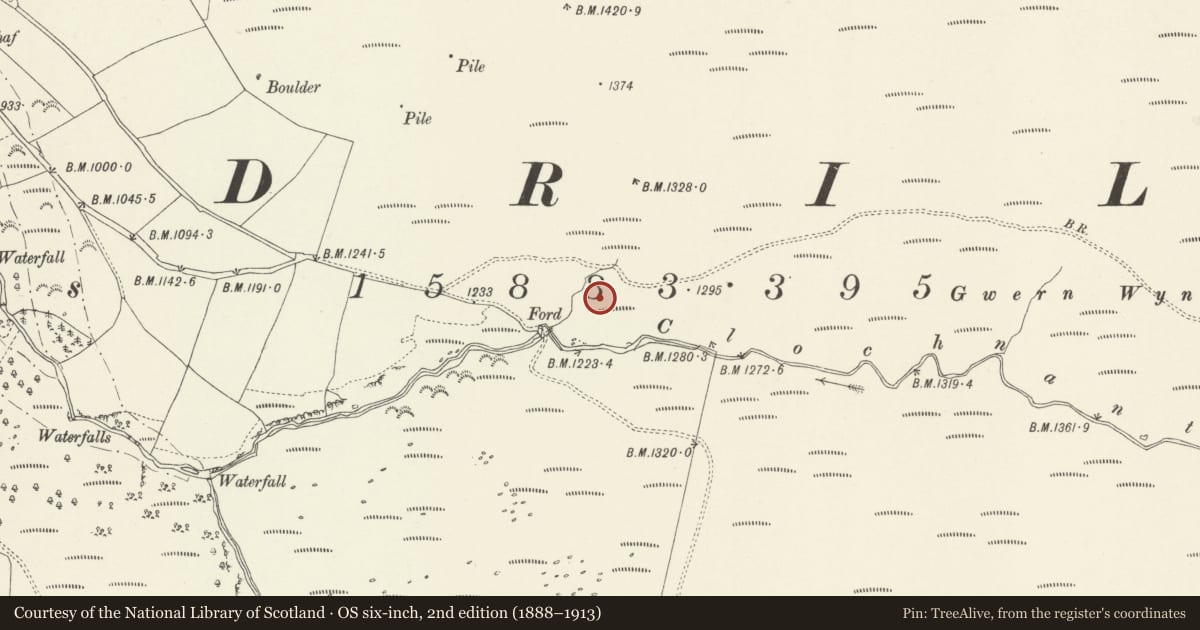 Ordnance Survey six-inch map, 2nd edition (1888–1913) covering the location of Platform Settlement by Clochnant E of Cadwst, Llandrillo, Denbighshire, with a pin at the register's coordinates