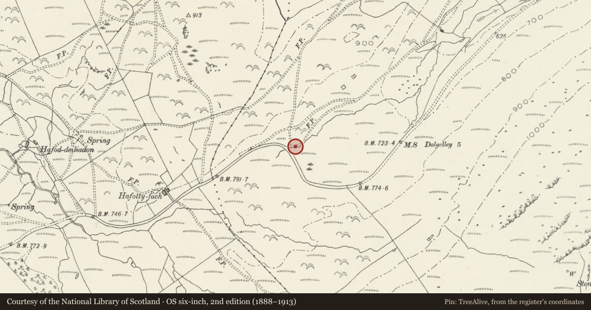 Ordnance Survey six-inch map, 2nd edition (1888–1913) covering the location of The Cregennen Cairns and Standing Stones, Arthog, Gwynedd, with a pin at the register's coordinates