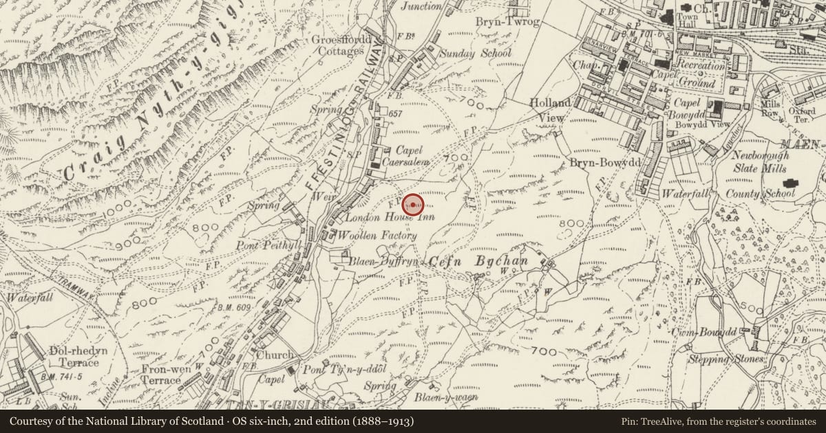 Ordnance Survey six-inch map, 2nd edition (1888–1913) covering the location of Hut Circle Settlement at Gelli Gonan, Ffestiniog, Gwynedd, with a pin at the register's coordinates