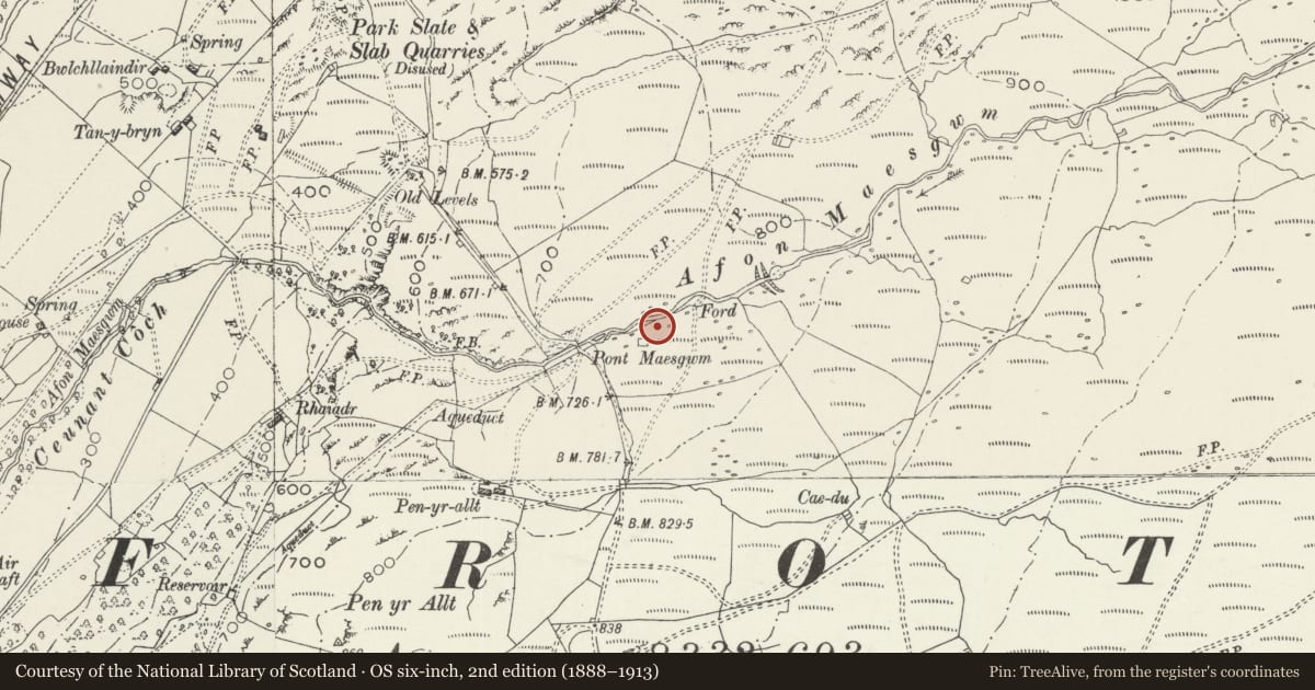 Ordnance Survey six-inch map, 2nd edition (1888–1913) covering the location of Pont Maesgwm Deserted Rural Settlement, Llanfrothen, Gwynedd, with a pin at the register's coordinates