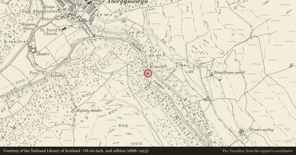 Ordnance Survey six-inch map, 2nd edition (1888–1913) covering the location of Alltwyllt Slate Quarry Incline, Llanfihangel-y-Pennant, Gwynedd, with a pin at the register's coordinates