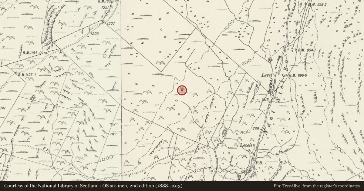 Ordnance Survey six-inch map, 2nd edition (1888–1913) covering the location of Ffridd Fron Kerb Cairn, Llanfair, Gwynedd, with a pin at the register's coordinates