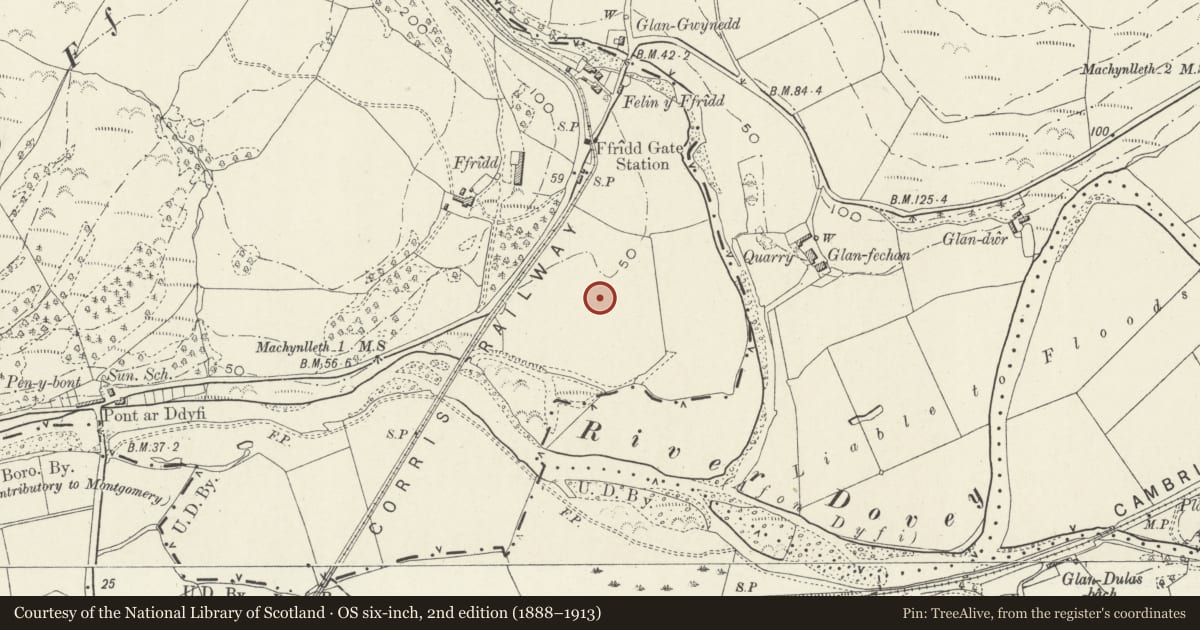 Ordnance Survey six-inch map, 2nd edition (1888–1913) covering the location of Ffridd round barrows, Pennal, Gwynedd, with a pin at the register's coordinates