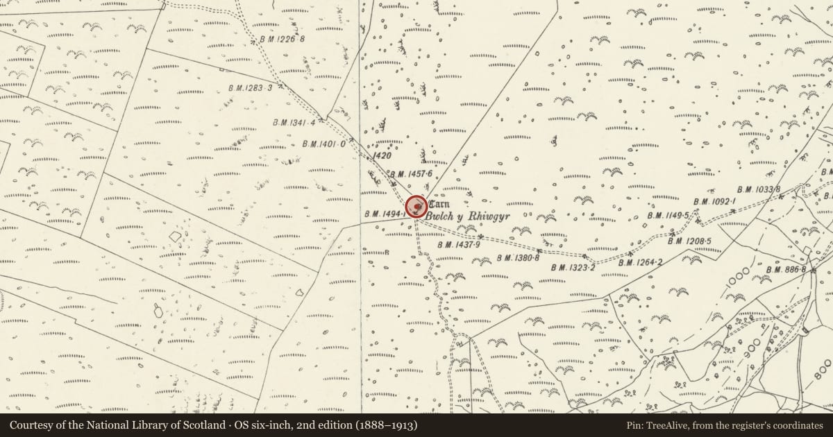 Ordnance Survey six-inch map, 2nd edition (1888–1913) covering the location of Bwlch y Rhiwgyr cairn, Llanelltyd, Gwynedd, with a pin at the register's coordinates