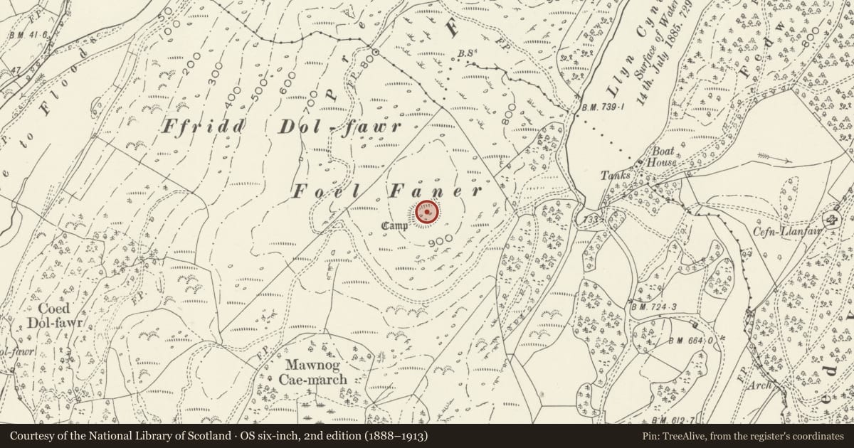 Ordnance Survey six-inch map, 2nd edition (1888–1913) covering the location of Foel Faner Defended Enclosure, Llanelltyd, Gwynedd, with a pin at the register's coordinates