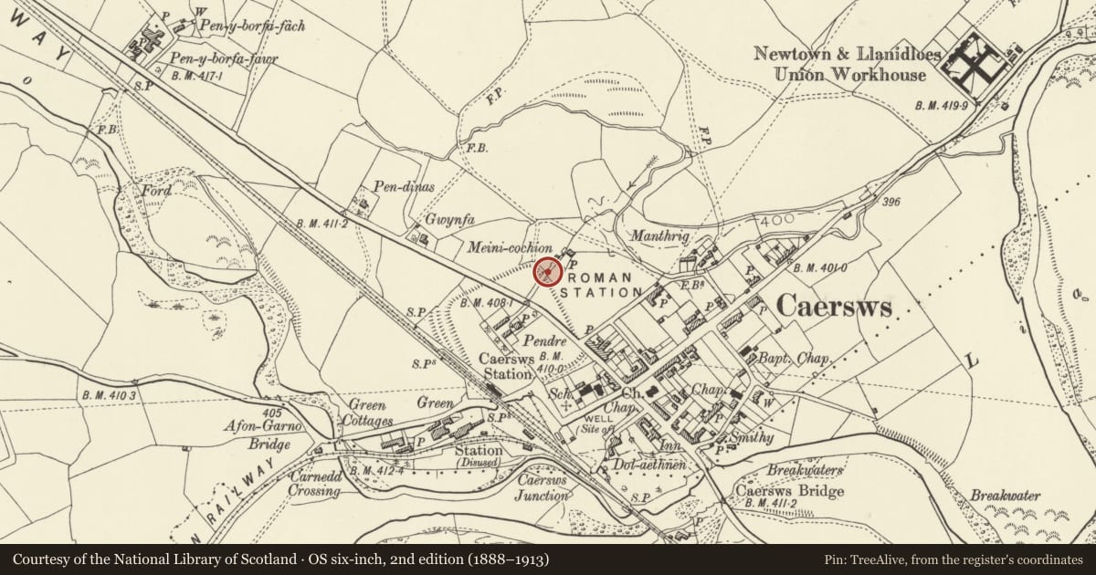 Ordnance Survey six-inch map, 2nd edition (1888–1913) covering the location of Caersws Roman Site, Powys, with a pin at the register's coordinates