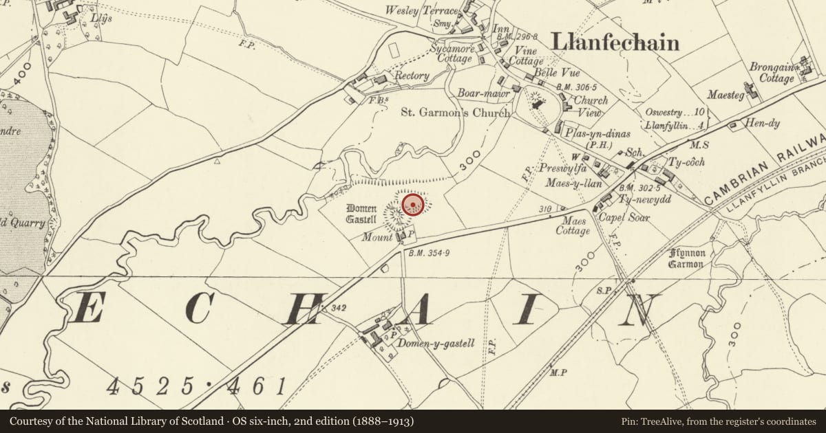 Ordnance Survey six-inch map, 2nd edition (1888–1913) covering the location of Domen Castell Mound & Bailey Castle, Llanfechain, Powys, with a pin at the register's coordinates