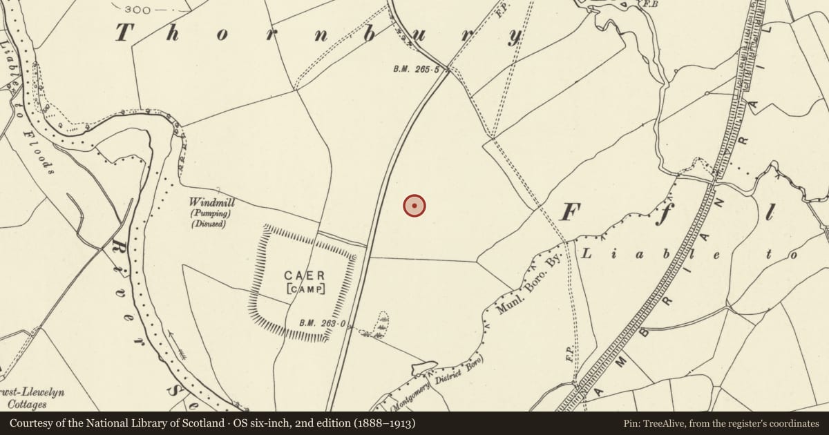 Ordnance Survey six-inch map, 2nd edition (1888–1913) covering the location of Forden Gaer Roman Site, Forden with Leighton and Trelystan, Powys, with a pin at the register's coordinates