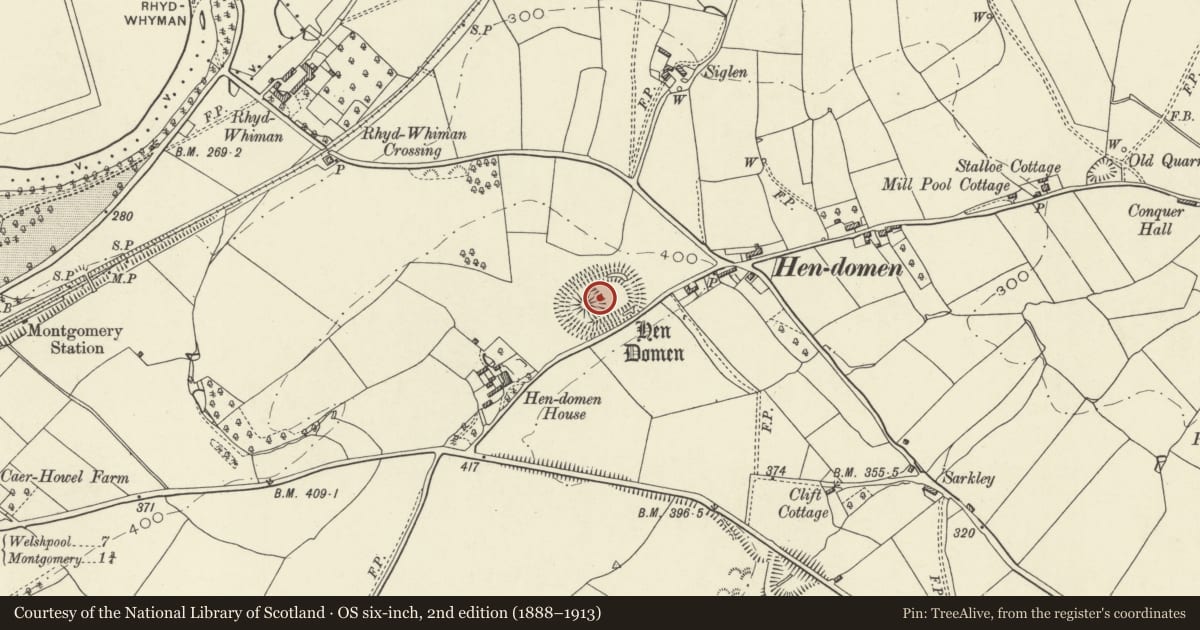 Ordnance Survey six-inch map, 2nd edition (1888–1913) covering the location of Hen Domen Mound & Bailey Castle, Montgomery, Powys, with a pin at the register's coordinates