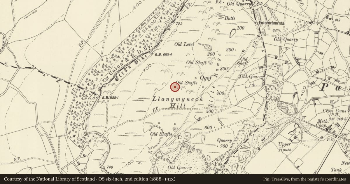 Ordnance Survey six-inch map, 2nd edition (1888–1913) covering the location of Llanymynech Hill Camp, Carreghofa, Powys, with a pin at the register's coordinates