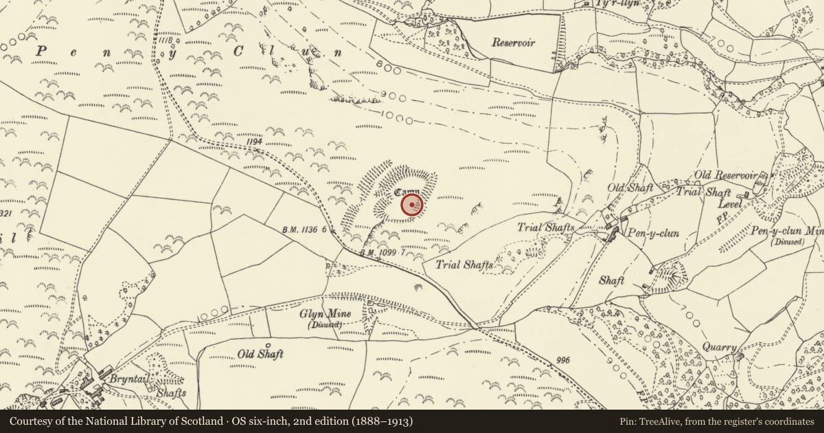 Ordnance Survey six-inch map, 2nd edition (1888–1913) covering the location of Pen y Clun Camp, Llanidloes Without, Powys, with a pin at the register's coordinates