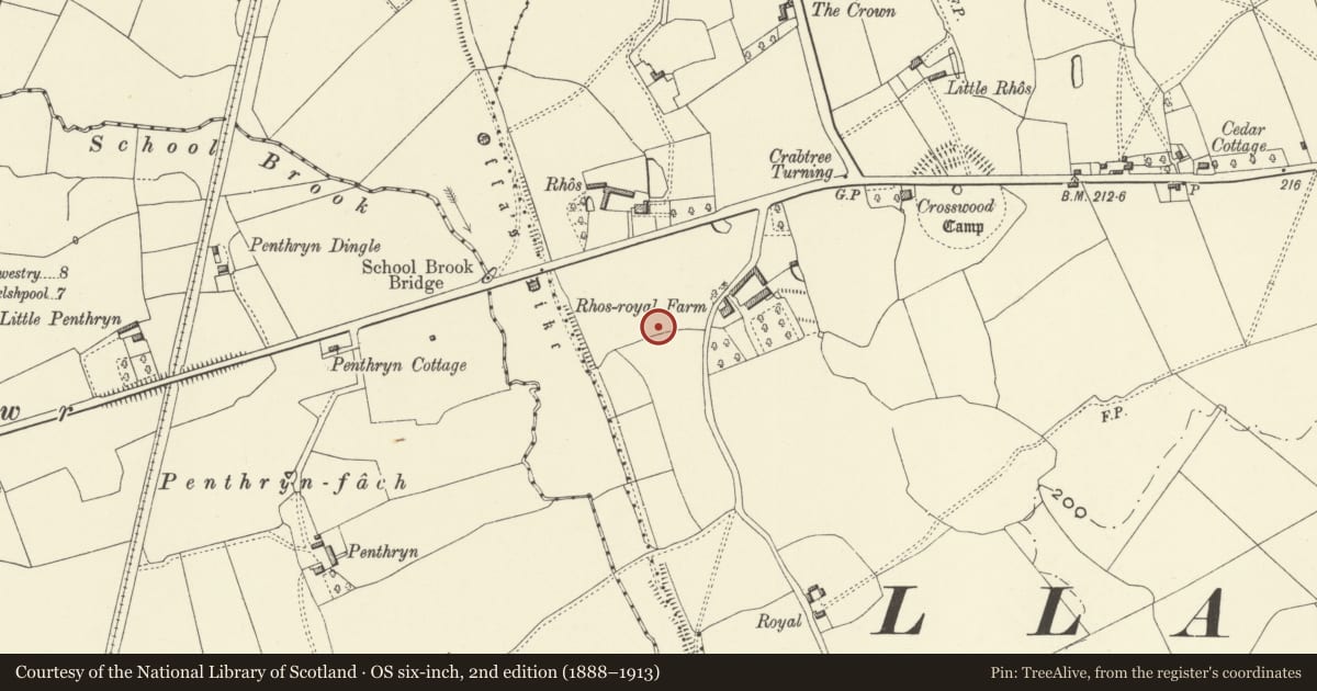 Ordnance Survey six-inch map, 2nd edition (1888–1913) covering the location of Offa's Dyke: Section extending 3000m SE to Bele Brook, Llandrinio, Llandysilio, Powys, with a pin at the register's coordinates