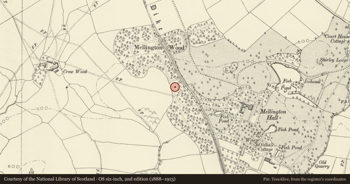 Ordnance Survey six-inch map, 2nd edition (1888–1913) covering the location of Offa's Dyke: Mellington Hall Section Extending from Mellington Hall Lodge to Lower Cwm, Churchstoke, Powys, with a pin at the register's coordinates