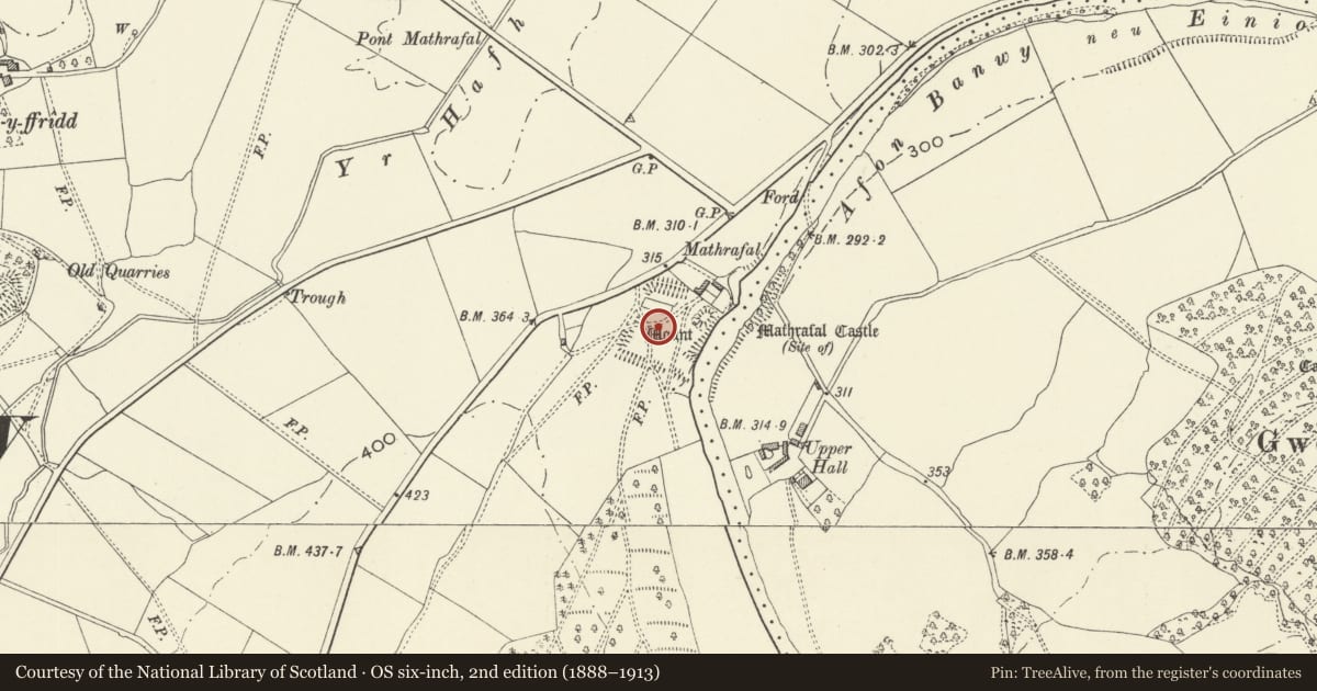Ordnance Survey six-inch map, 2nd edition (1888–1913) covering the location of Mathrafal Castle, Llangyniew, Powys, with a pin at the register's coordinates