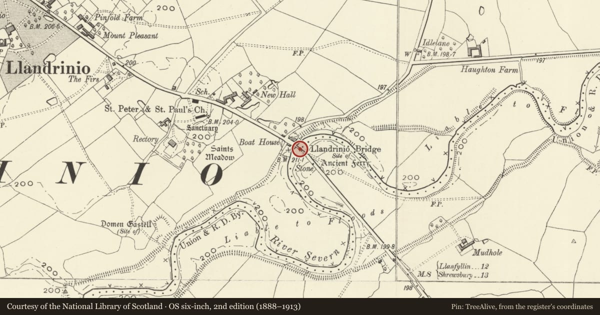 Ordnance Survey six-inch map, 2nd edition (1888–1913) covering the location of Llandrinio Bridge, Bausley with Criggion, Powys, with a pin at the register's coordinates
