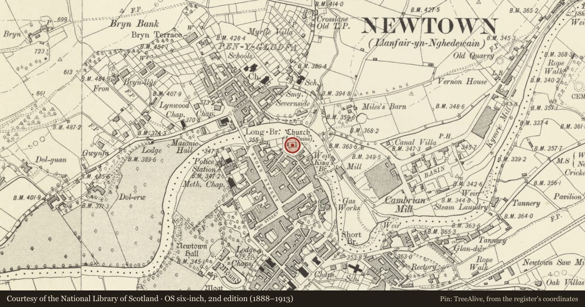 Ordnance Survey six-inch map, 2nd edition (1888–1913) covering the location of Newtown Old Church, Newtown and Llanllwchaiarn, Powys, with a pin at the register's coordinates