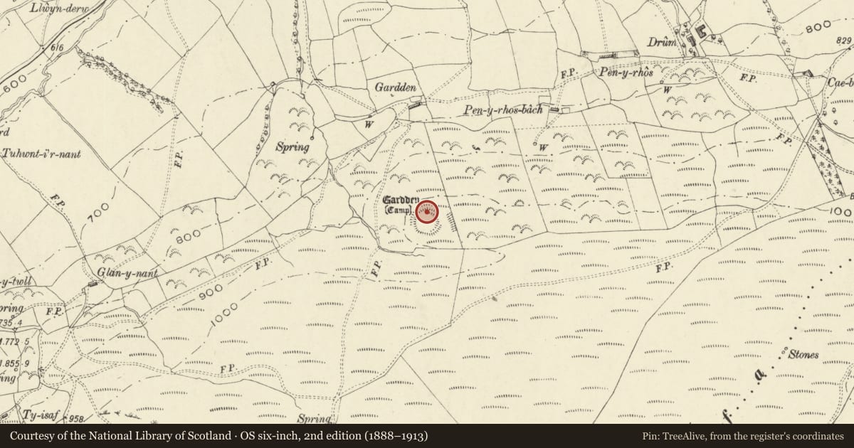 Ordnance Survey six-inch map, 2nd edition (1888–1913) covering the location of Gardden Camp & Barrows, Llanerfyl, Powys, with a pin at the register's coordinates