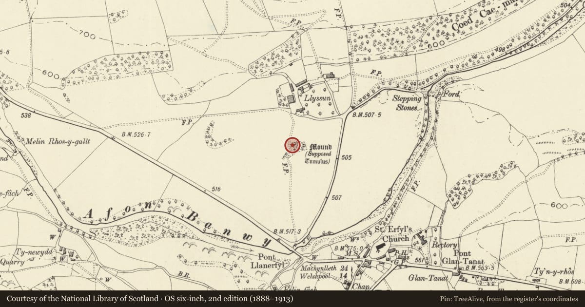 Ordnance Survey six-inch map, 2nd edition (1888–1913) covering the location of Llysun Motte and Bailey, Llanerfyl, Powys, with a pin at the register's coordinates