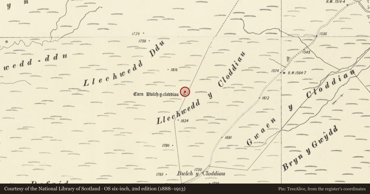 Ordnance Survey six-inch map, 2nd edition (1888–1913) covering the location of Carn Bwlch y Cloddiau, Esgair Wen, Llangurig, Powys, with a pin at the register's coordinates