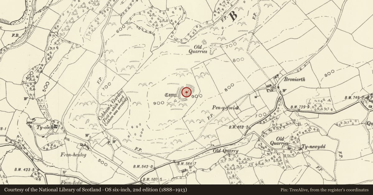 Ordnance Survey six-inch map, 2nd edition (1888–1913) covering the location of Broniarth Hill Camp, Meifod, Powys, with a pin at the register's coordinates