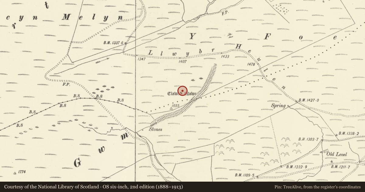 Ordnance Survey six-inch map, 2nd edition (1888–1913) covering the location of Clawdd Mawr, Pen-y-bont-Fawr, Powys, with a pin at the register's coordinates