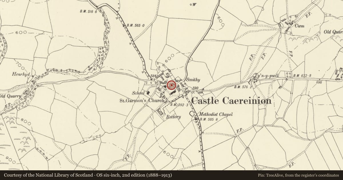 Ordnance Survey six-inch map, 2nd edition (1888–1913) covering the location of Mound in Churchyard, Castle Caereinion, Powys, with a pin at the register's coordinates