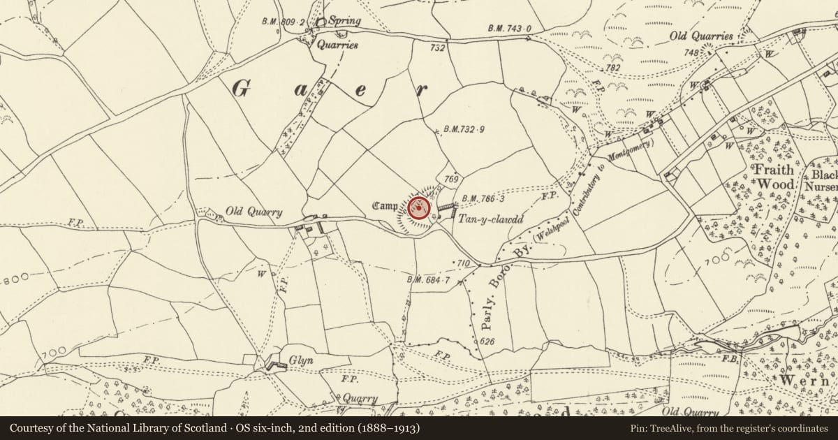 Ordnance Survey six-inch map, 2nd edition (1888–1913) covering the location of Tan y Clawdd Camp, Castle Caereinion, Powys, with a pin at the register's coordinates