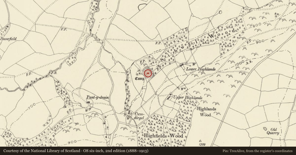 Ordnance Survey six-inch map, 2nd edition (1888–1913) covering the location of Sibwll Wood Camp, Kerry, Powys, with a pin at the register's coordinates