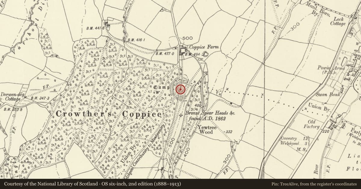 Ordnance Survey six-inch map, 2nd edition (1888–1913) covering the location of Crowther's Coppice Camp, Welshpool, Powys, with a pin at the register's coordinates