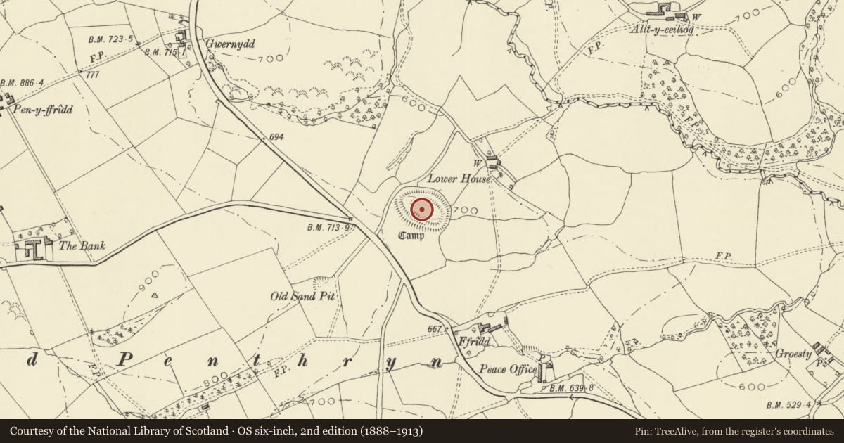 Ordnance Survey six-inch map, 2nd edition (1888–1913) covering the location of Lower House Camp, Berriew, Powys, with a pin at the register's coordinates