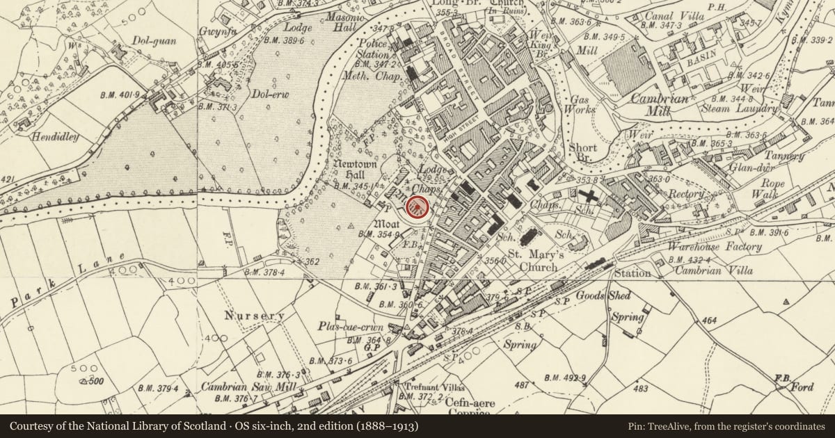 Ordnance Survey six-inch map, 2nd edition (1888–1913) covering the location of Newtown Hall Castle Mound, Newtown and Llanllwchaiarn, Powys, with a pin at the register's coordinates
